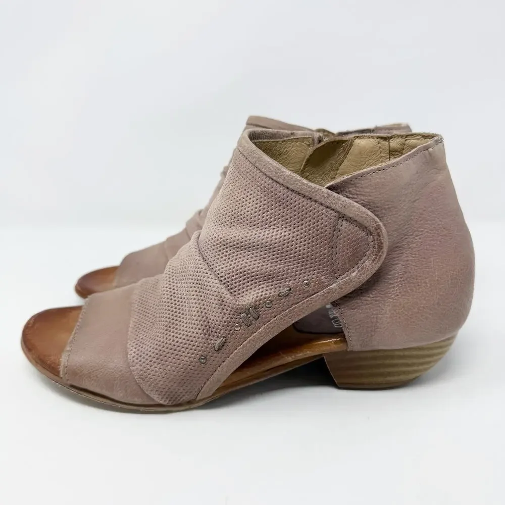 Miz Mooz Taupe Leather Canterbury Open Toe Booties EU 37 Side Zip Made in Bosnia